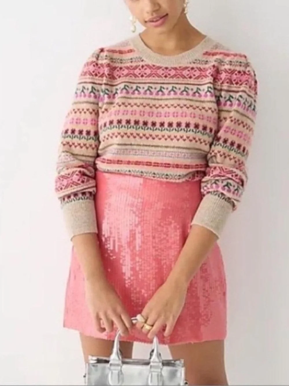 J. Crew Puff-Sleeve Cherry Fair Isle Crewneck Sweater Size Medium Festive Retro